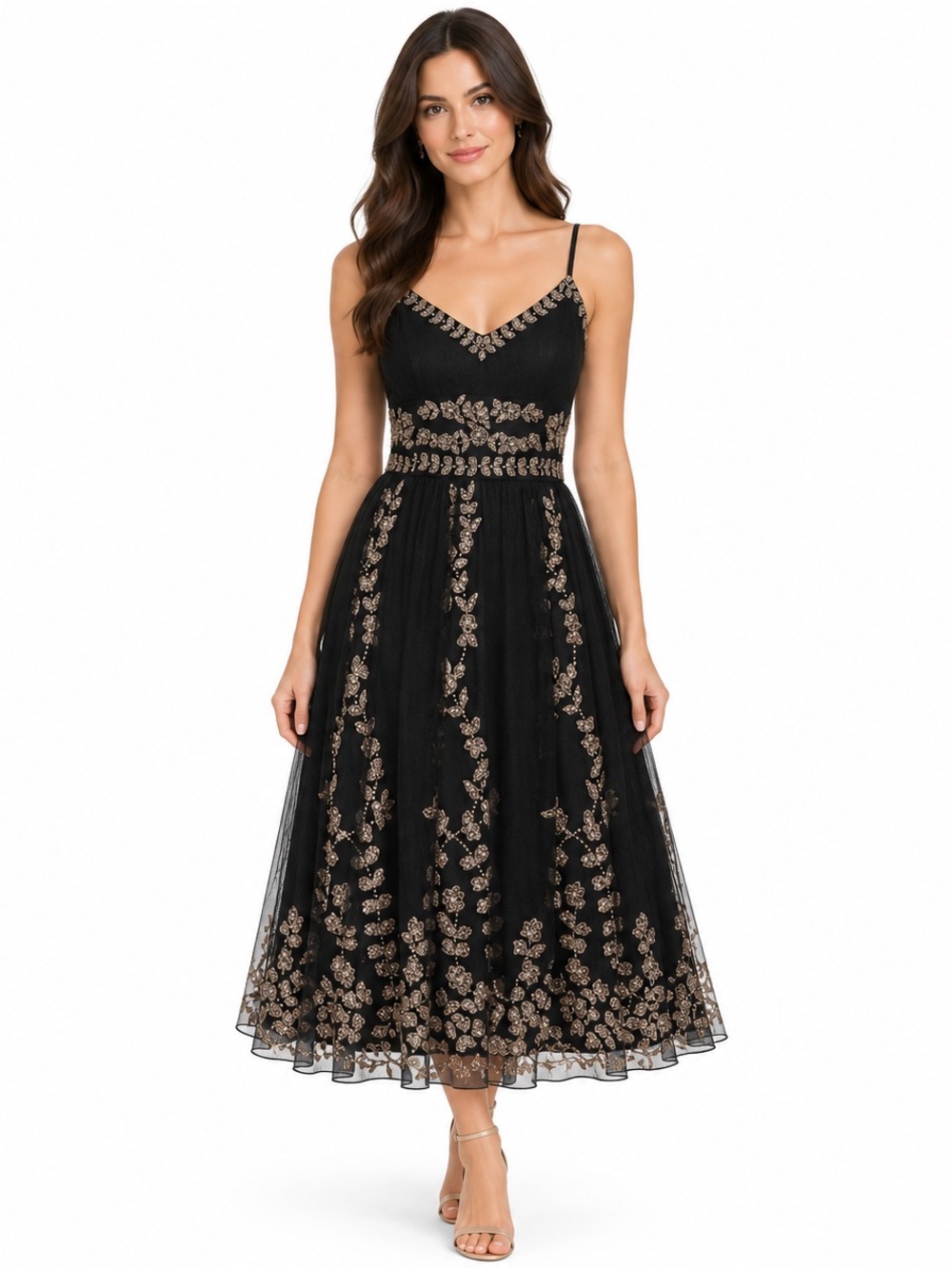 Adrianna Papell evening essential 100% silk Beaded mid length Black/Gold dress 8